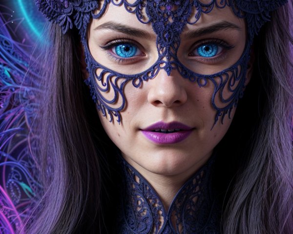 Portrait of a Woman with Violet Lace and Cosmic Background