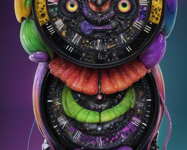 Surreal humanoid figure with clock head and cosmic patterns