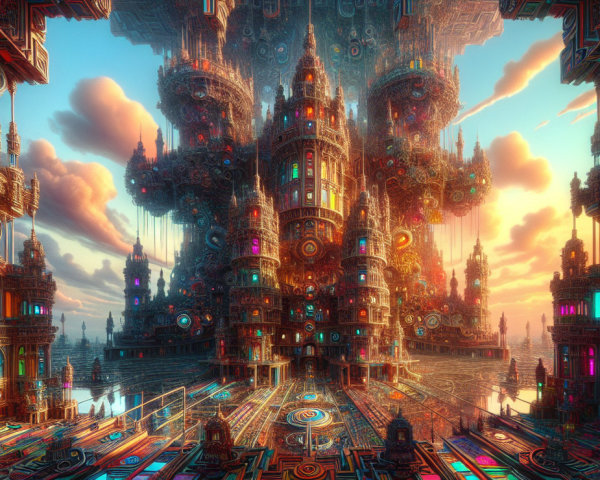 Surreal Landscape with Geometric Towers and Lights