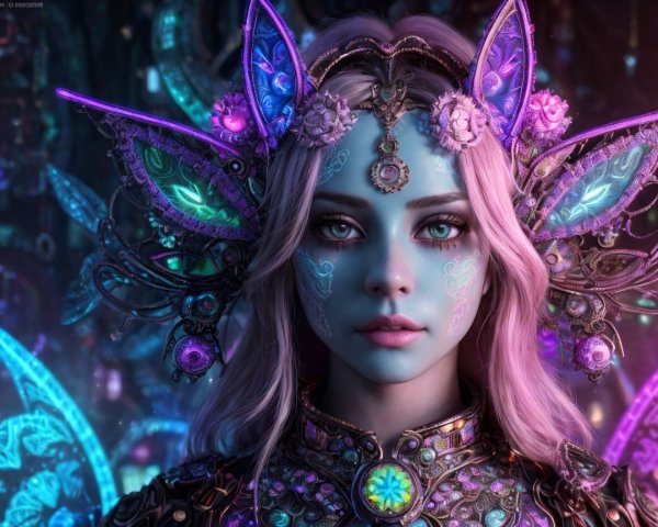 Ethereal figure with blue skin and butterfly wings