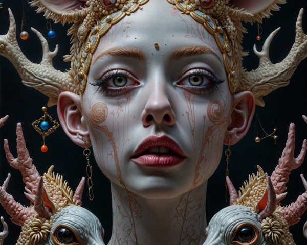 Surreal Portrait of a Figure with Antlers and Creatures