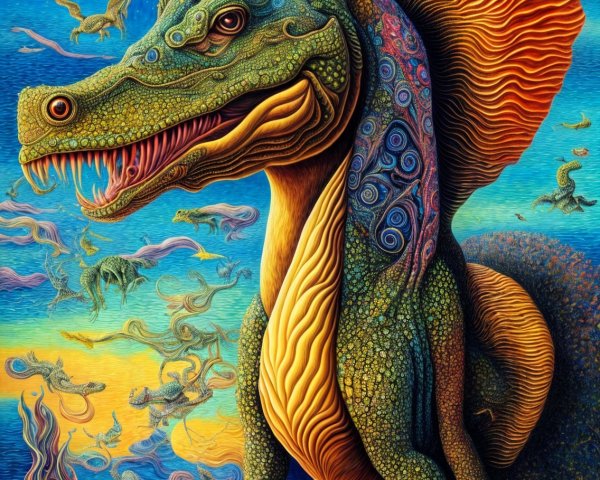 Surreal Landscape with Colorful Dragon and Stars