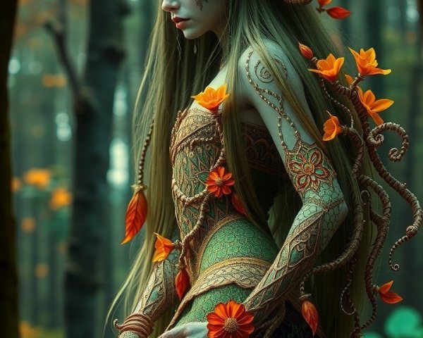 Mystical Figure in Serene Forest with Autumn Elements