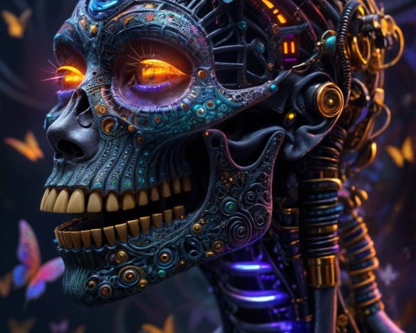 Futuristic Robotic Skull with Butterflies and Patterns