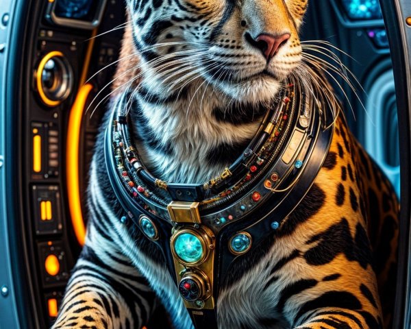 Leopard in Futuristic Space Pod with Ornate Collar