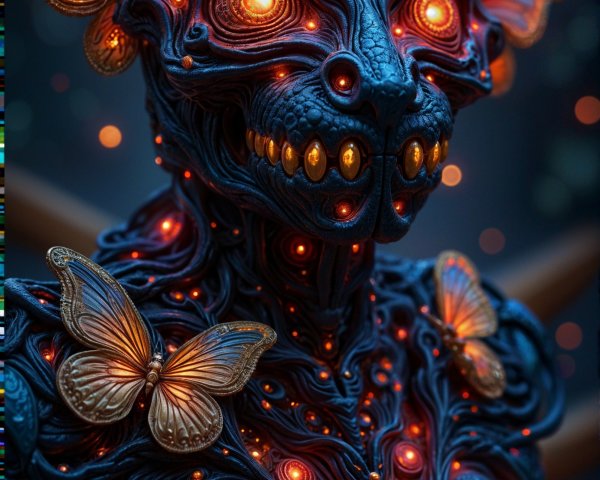 Surreal Figure with Intricate Patterns and Butterflies