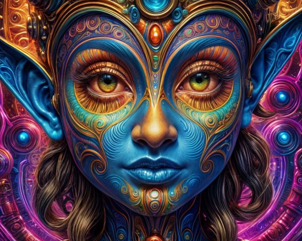 Mystical Figure with Blue Skin and Cosmic Background