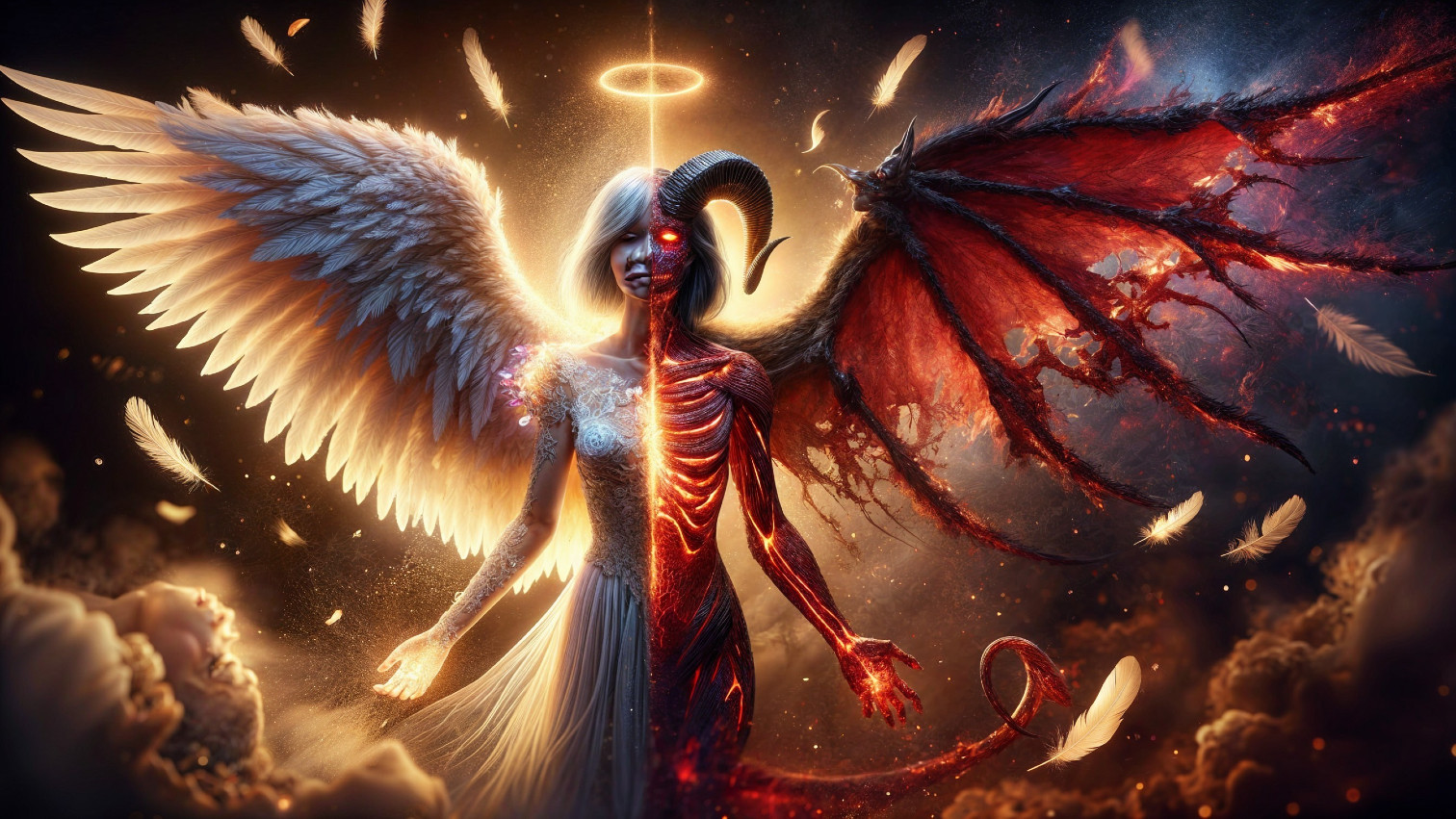 Half Angel Half Demon Figure in Light and Darkness