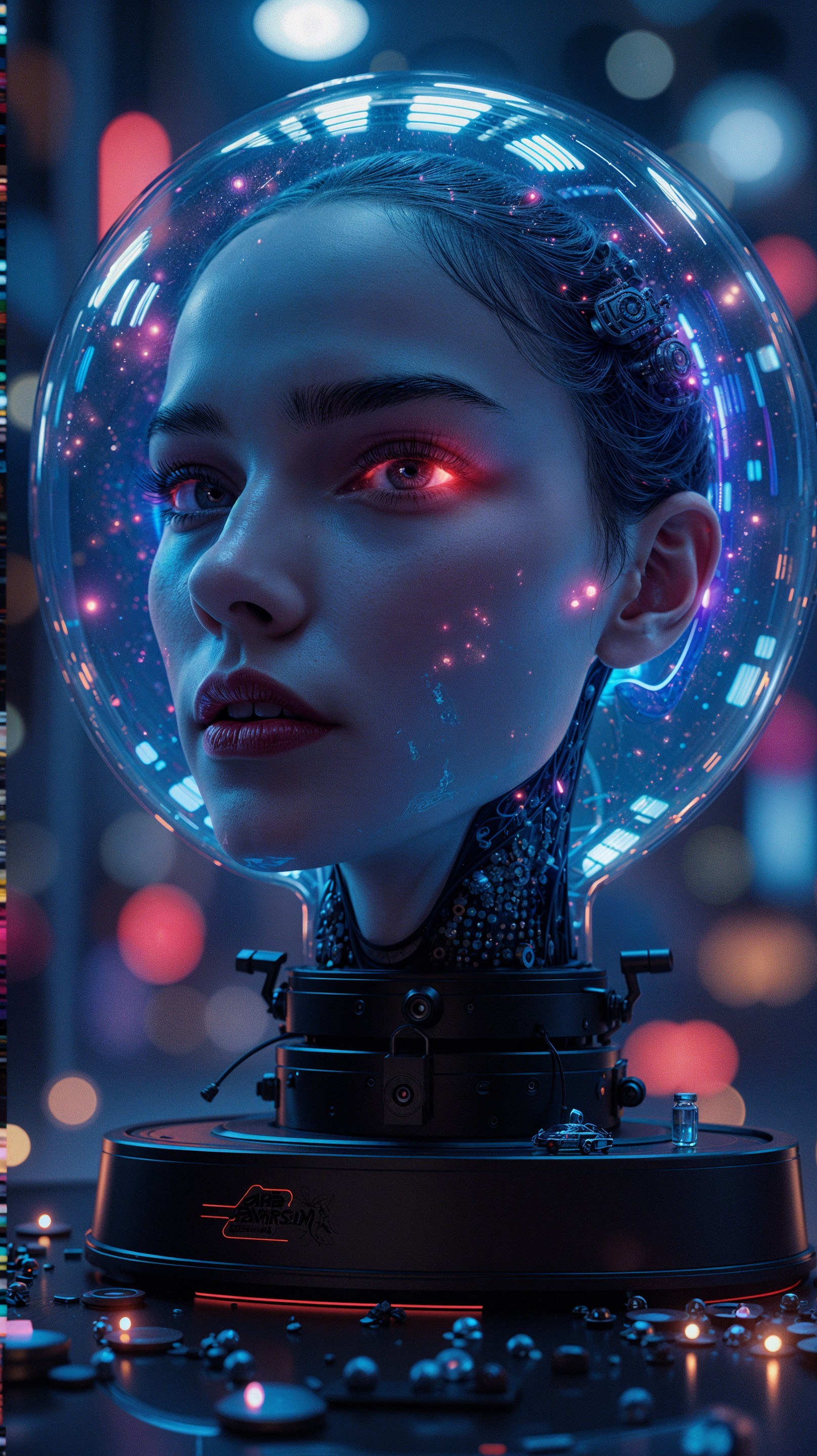 Futuristic Female Bust in Glowing Dome with Patterns