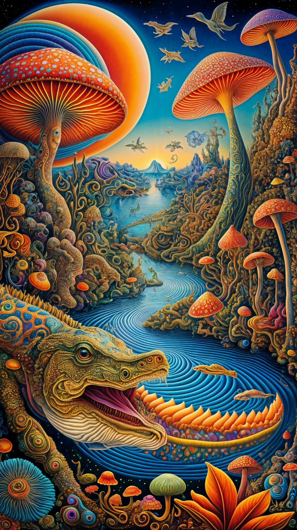 Surreal Landscape with Colorful Mushrooms and Creatures