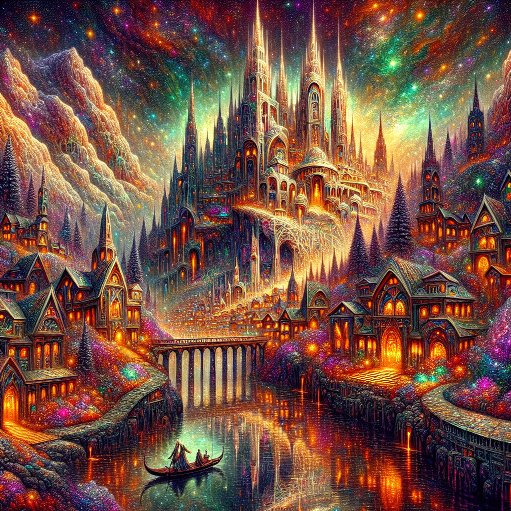 Fantastical cityscape with vibrant colors and castles