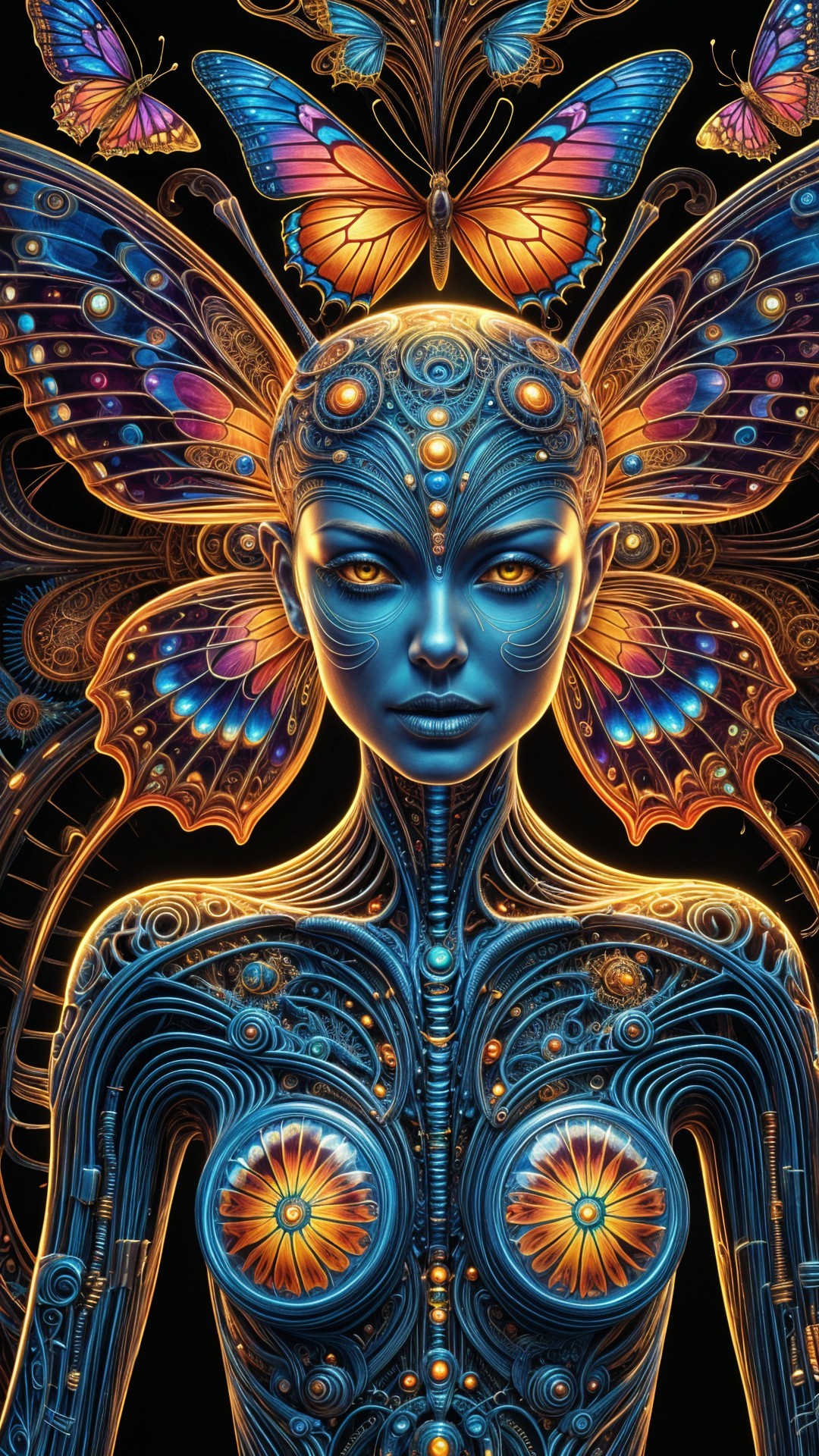 Futuristic figure with mechanical features and butterfly wings