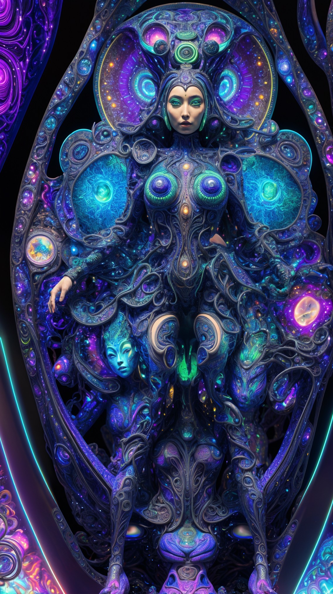 Futuristic figure with cosmic patterns and vibrant colors