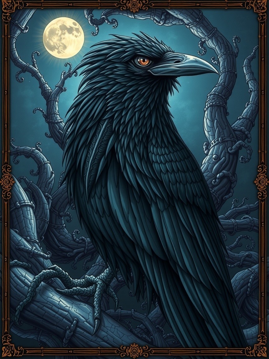 Black Raven on Twisted Branches Under Full Moon