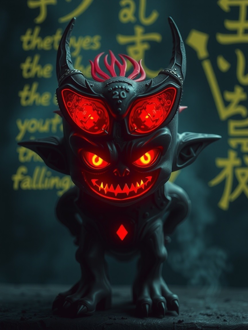 Menacing Creature with Glowing Red Eyes and Flames