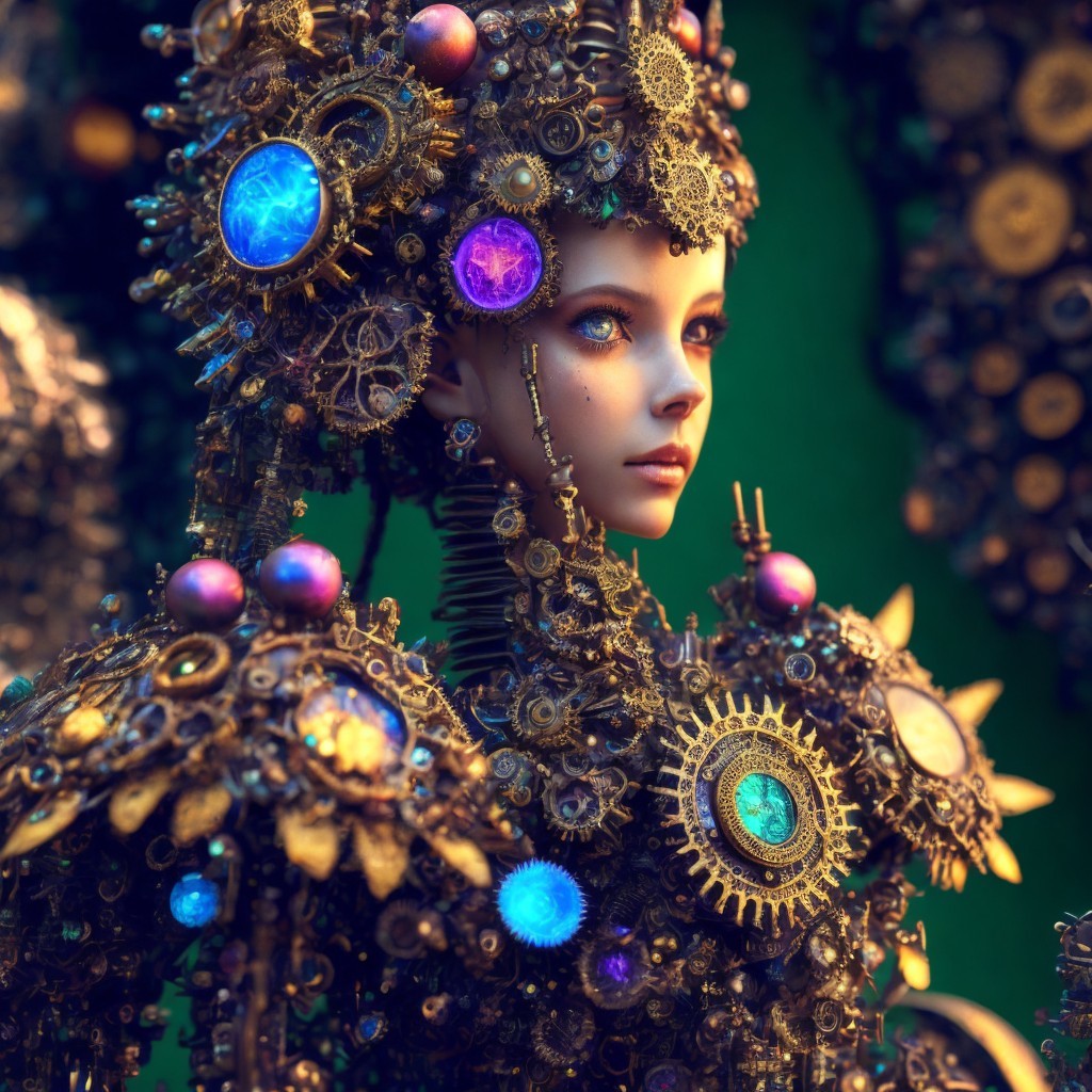 Steampunk-Inspired Robotic Figure with Gemstones
