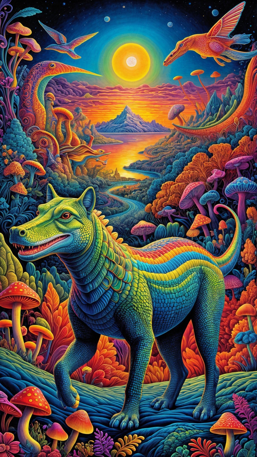 Surreal Landscape with Colorful Mushrooms and Creatures