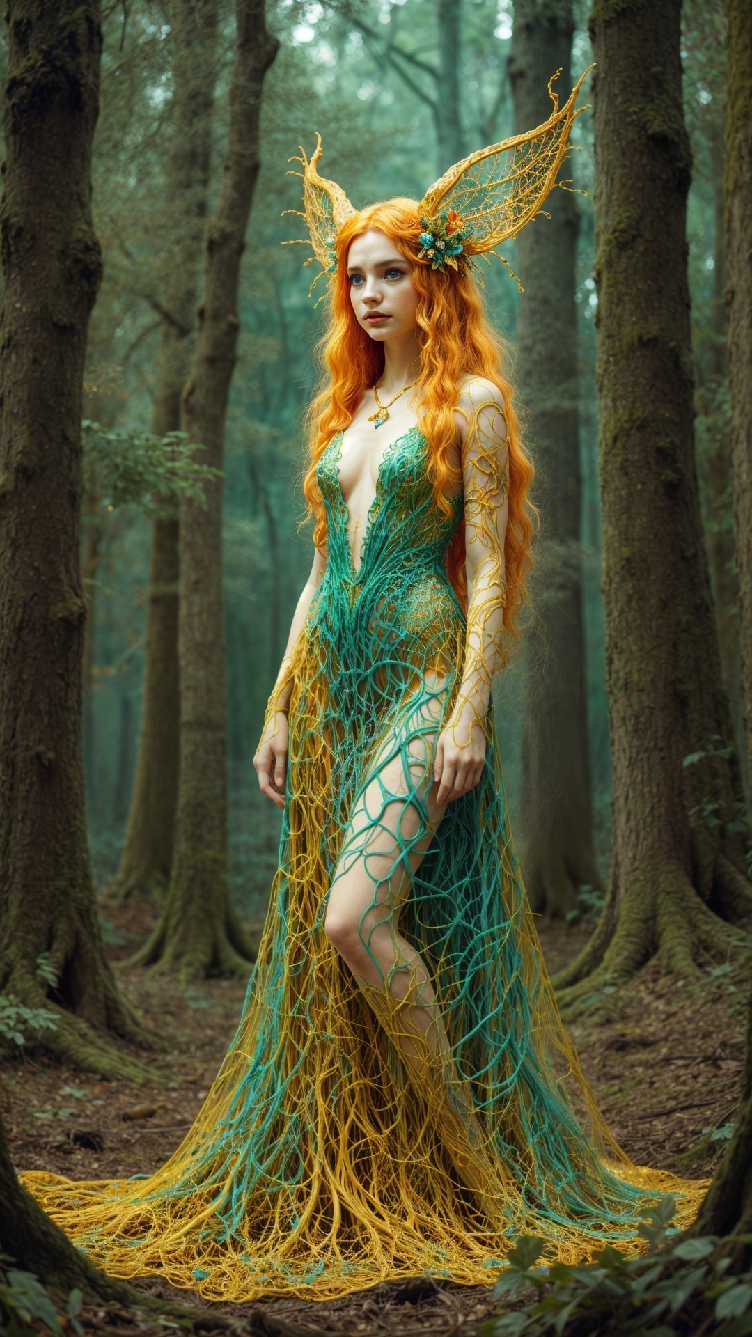 Mystical figure in a foggy forest with vine gown