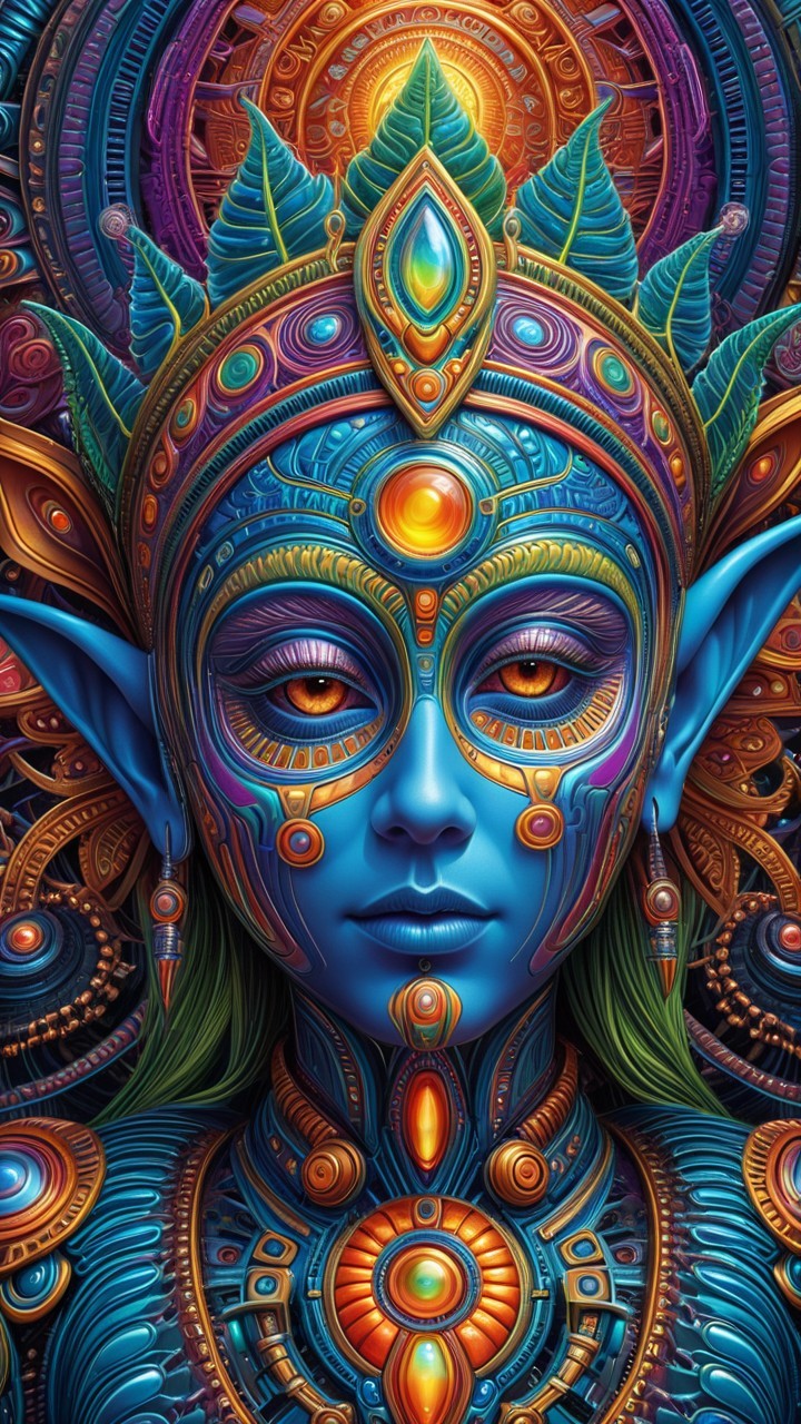 Vibrant Mystical Figure with Blue Skin and Jewelry