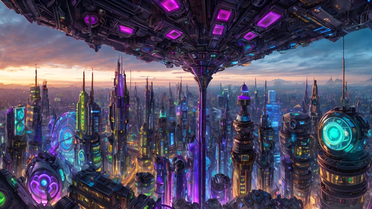 Futuristic Cityscape with Neon Lights at Sunset
