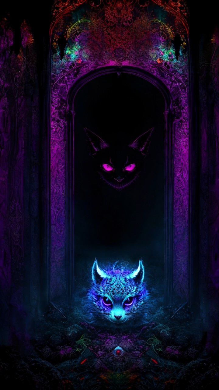 Mystical Archway with Luminescent Blue Cat and Shadows