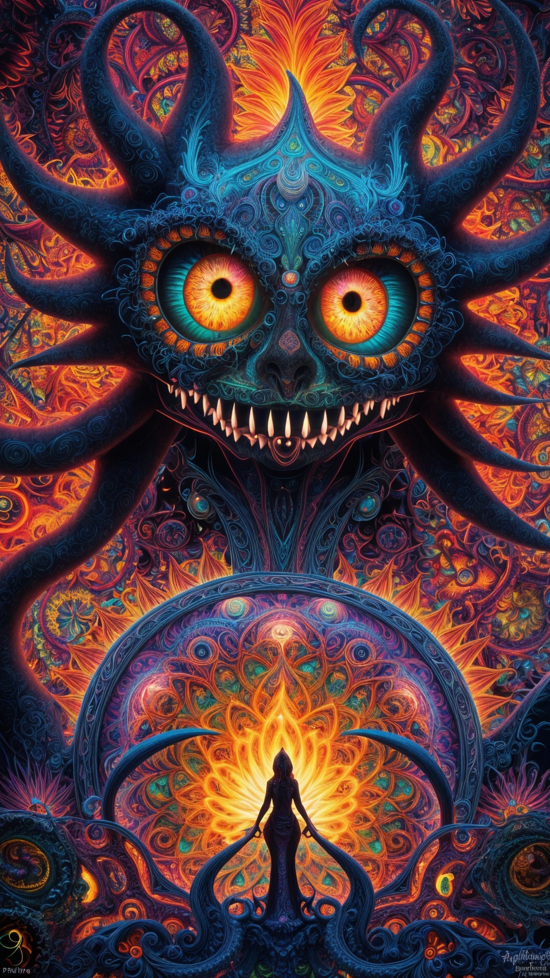 Surreal Creature Overlooks Silhouetted Figure in Flames