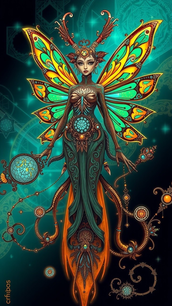 Mystical figure with butterfly wings and vibrant colors