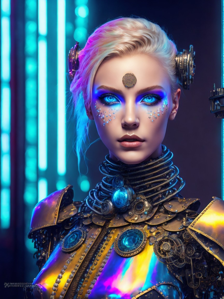Futuristic Female Figure with Metallic Makeup and Gear Outfit