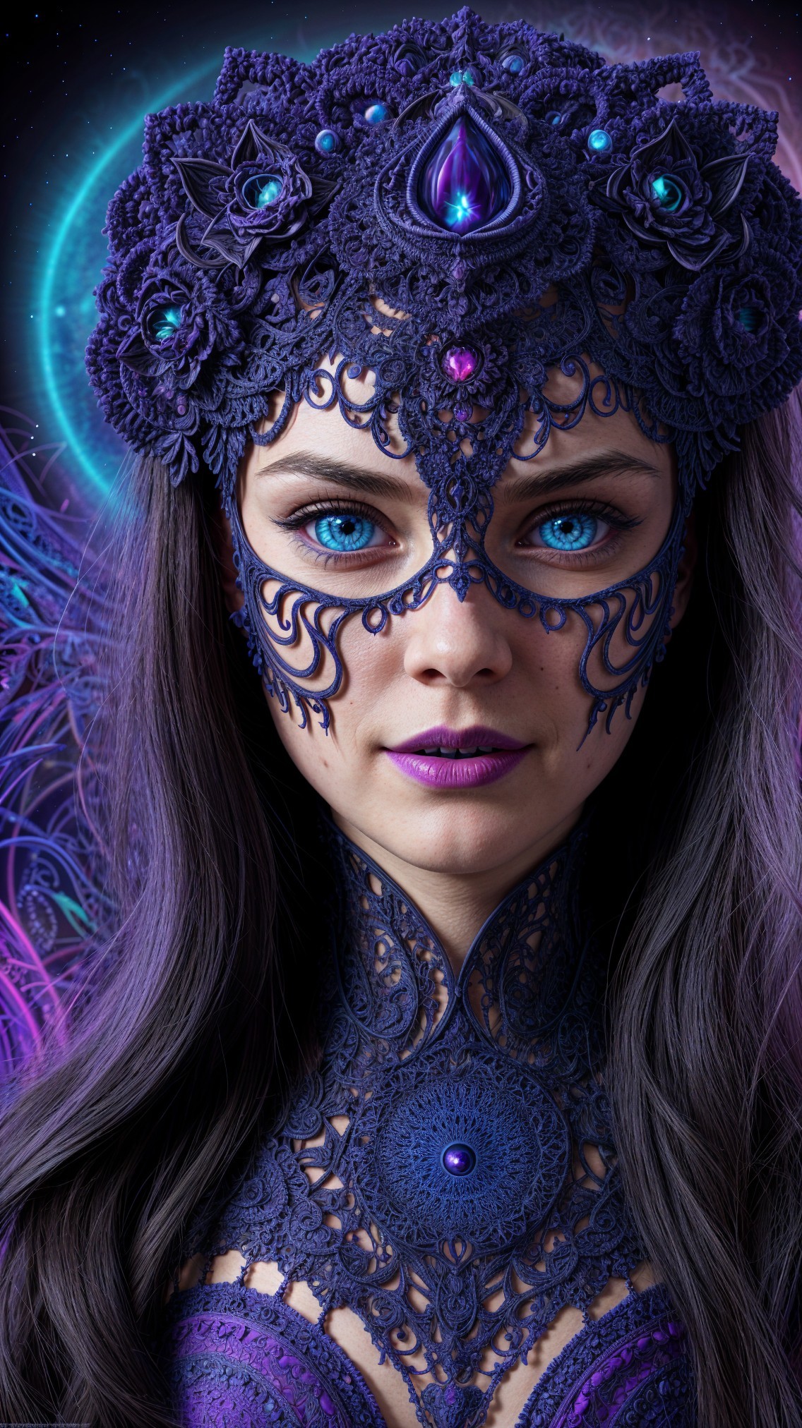 Portrait of a Woman with Violet Lace and Cosmic Background