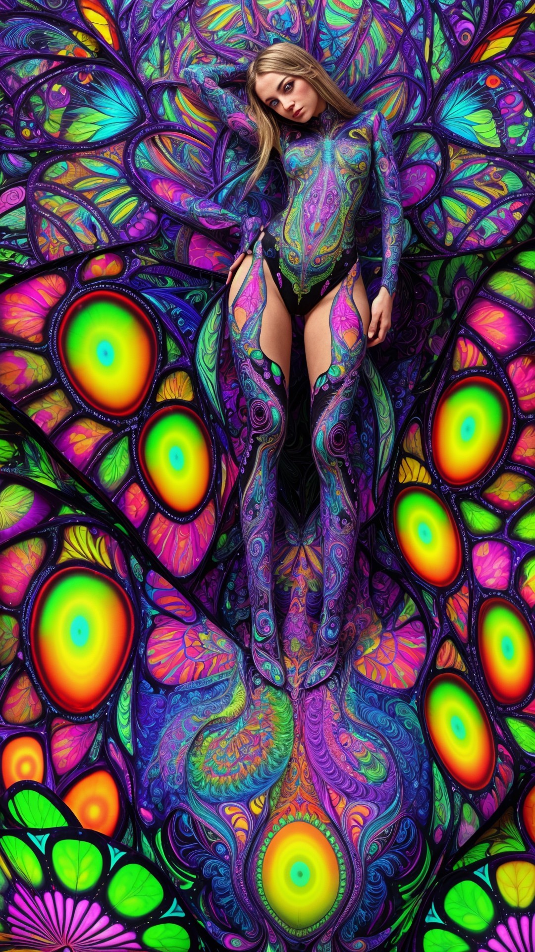 Figure Against Vibrant Psychedelic Butterfly Backdrop