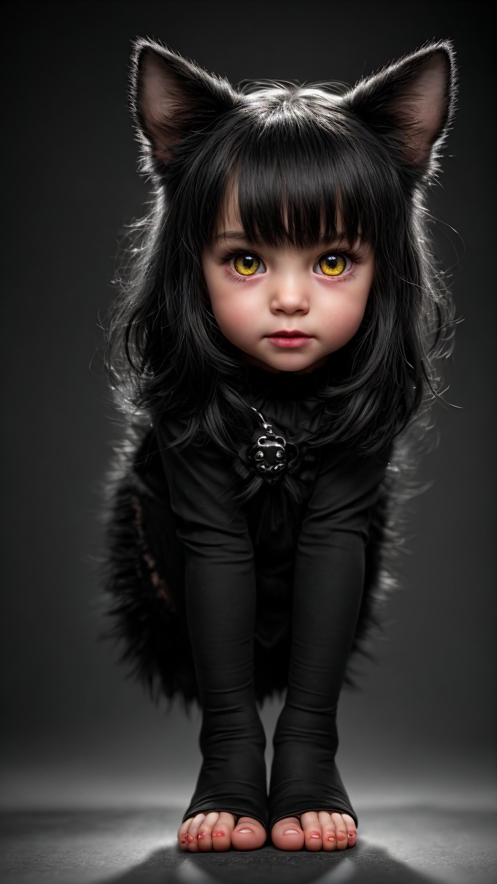 Whimsical Character with Feline Traits and Dark Backdrop