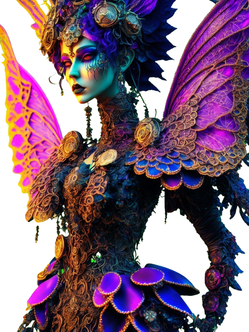Vibrant Figure in Butterfly Wing-Inspired Attire