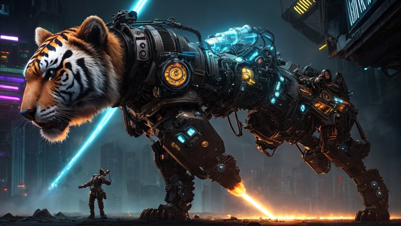 Futuristic Mechanical Tiger in Neon Urban Landscape