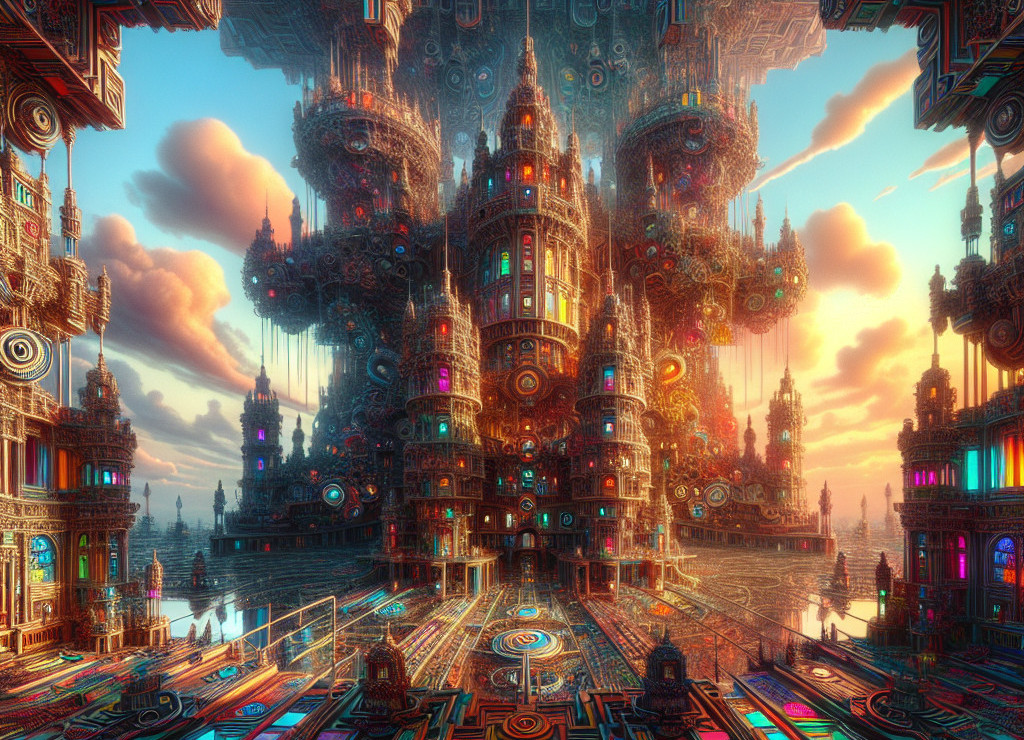 Surreal Landscape with Geometric Towers and Lights