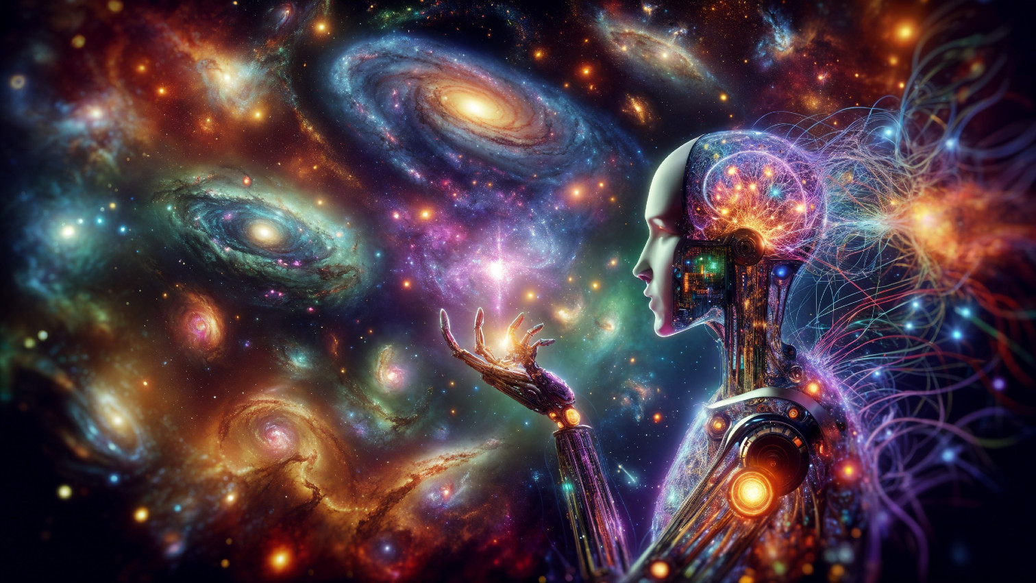 Futuristic humanoid robot in cosmic landscape with light sphere