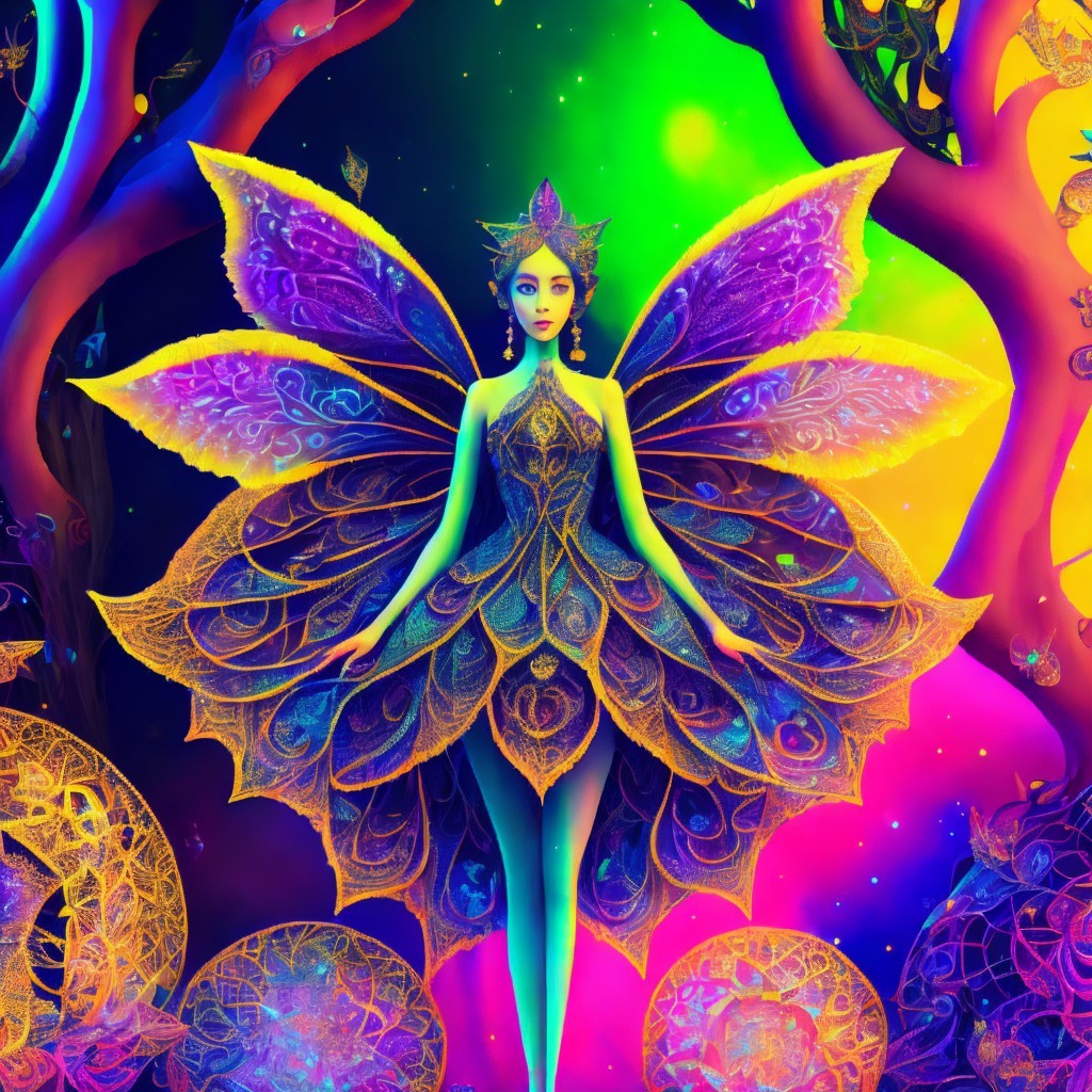 Vibrant Fairy Figure with Ornate Wings in Enchanted Forest