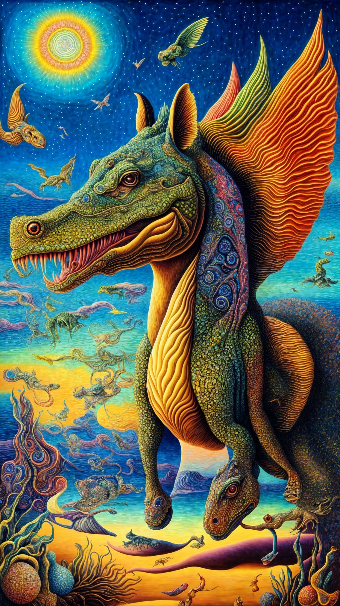 Surreal Landscape with Colorful Dragon and Stars