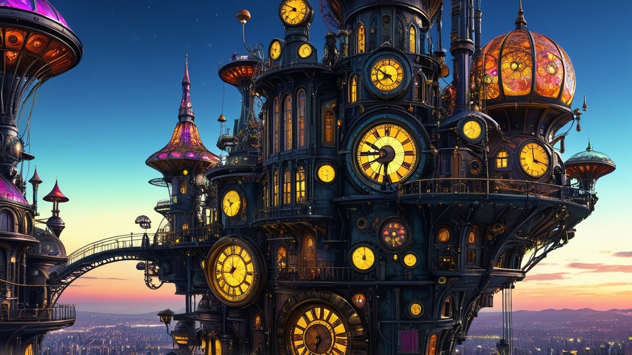Steampunk Castle Against Colorful Twilight Sky