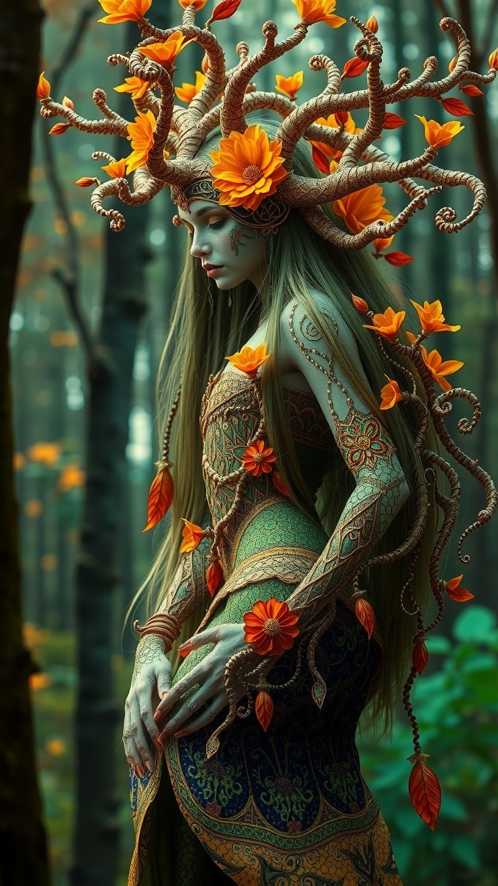 Mystical Figure in Serene Forest with Autumn Elements