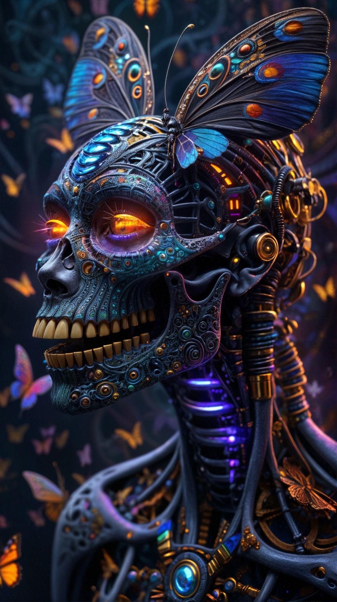Futuristic Robotic Skull with Butterflies and Patterns