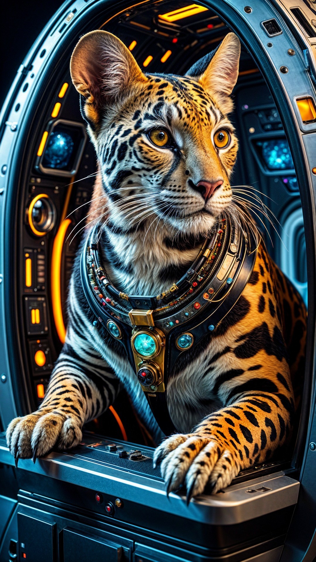 Leopard in Futuristic Space Pod with Ornate Collar