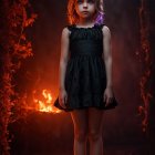 Young girl in black dress surrounded by flickering flames