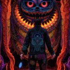 Fantastical creature in a vibrant, surreal corridor