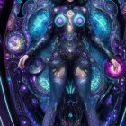 Futuristic figure with cosmic patterns and vibrant colors