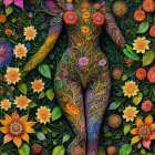 Intricate Illustration of Figure with Floral Patterns