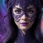 Portrait of a Woman with Violet Lace and Cosmic Background