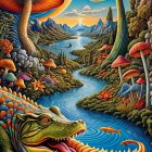 Surreal Landscape with Colorful Mushrooms and Creatures
