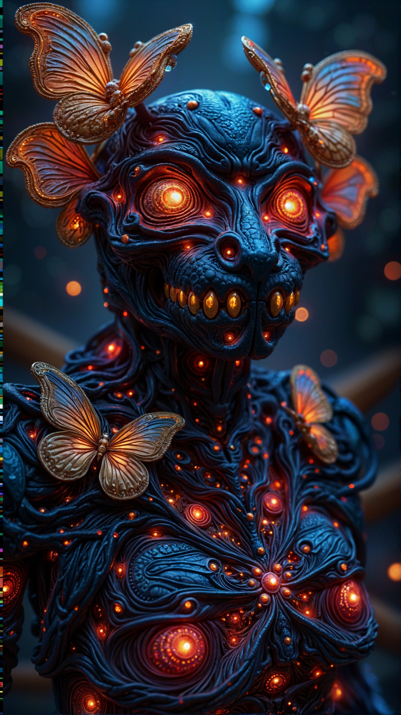 Surreal Figure with Intricate Patterns and Butterflies