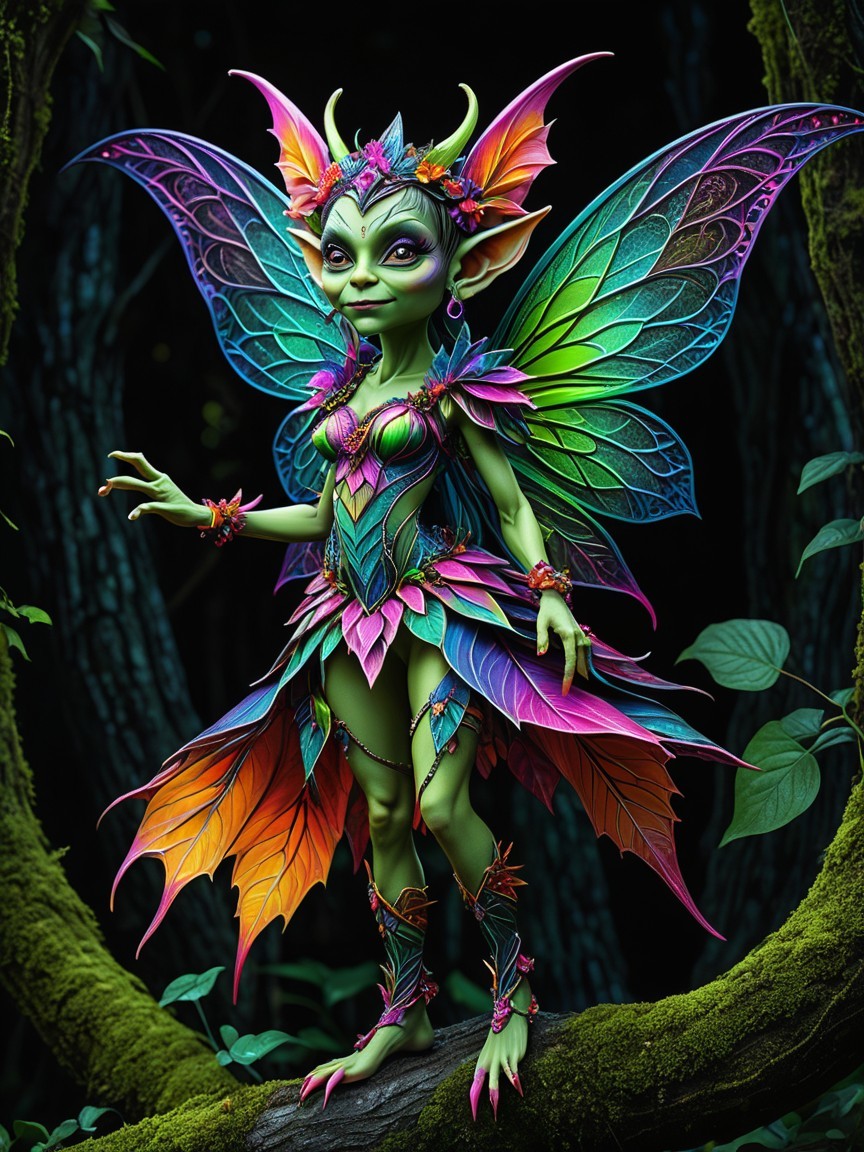 Fairy Figure in Mystical Forest with Leaf-Patterned Wings