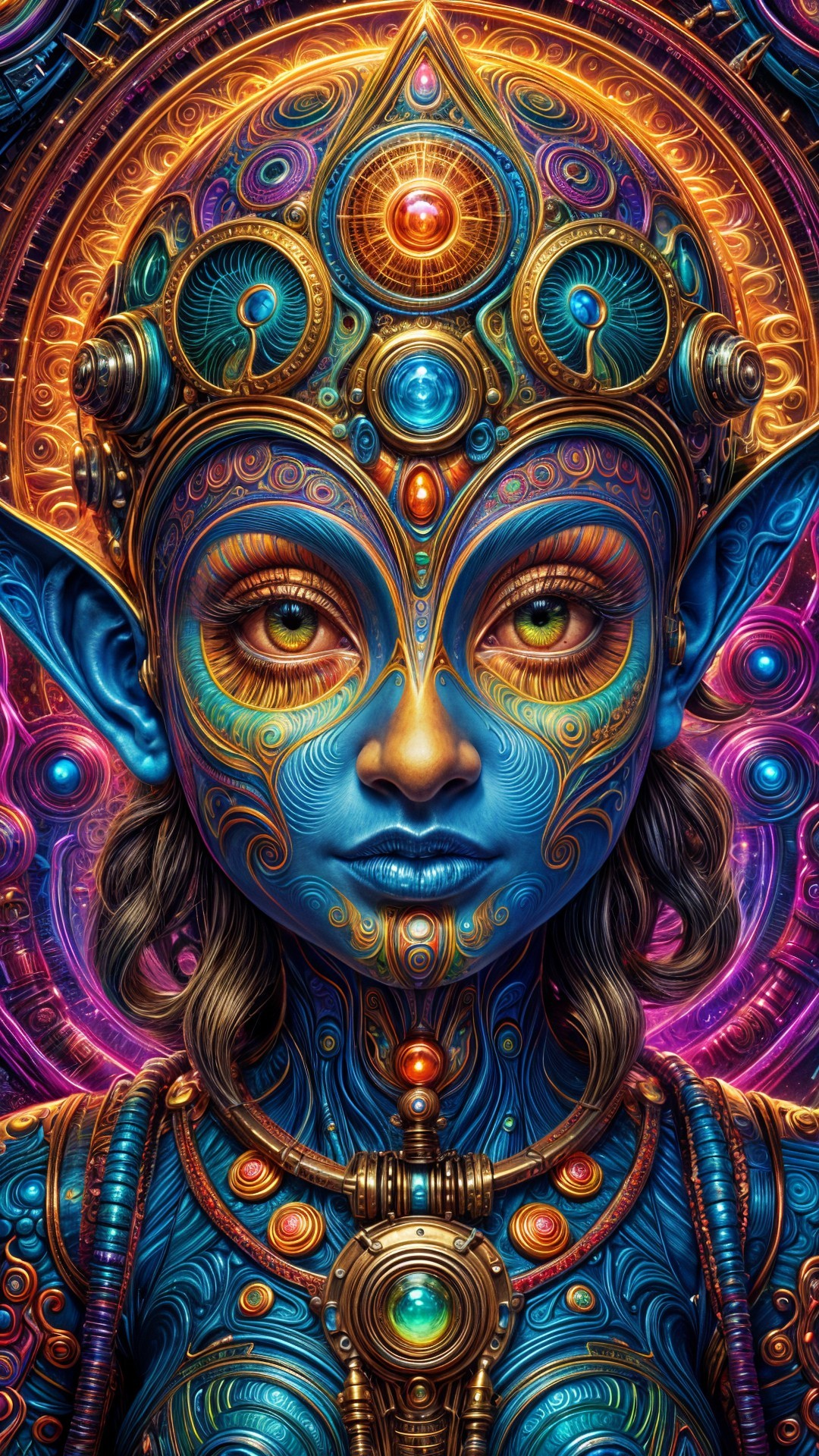 Mystical Figure with Blue Skin and Cosmic Background